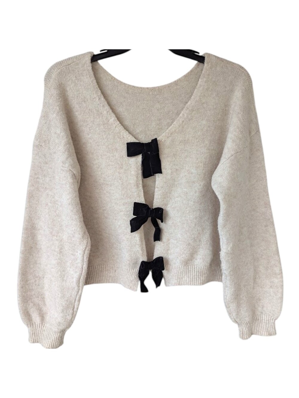 Mine Womens L Cream Velvet Bow Wool Blend Cardigan Sweater Knit Pullover 24x20